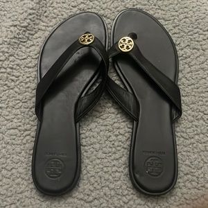 Tory Burch black leather flip flops